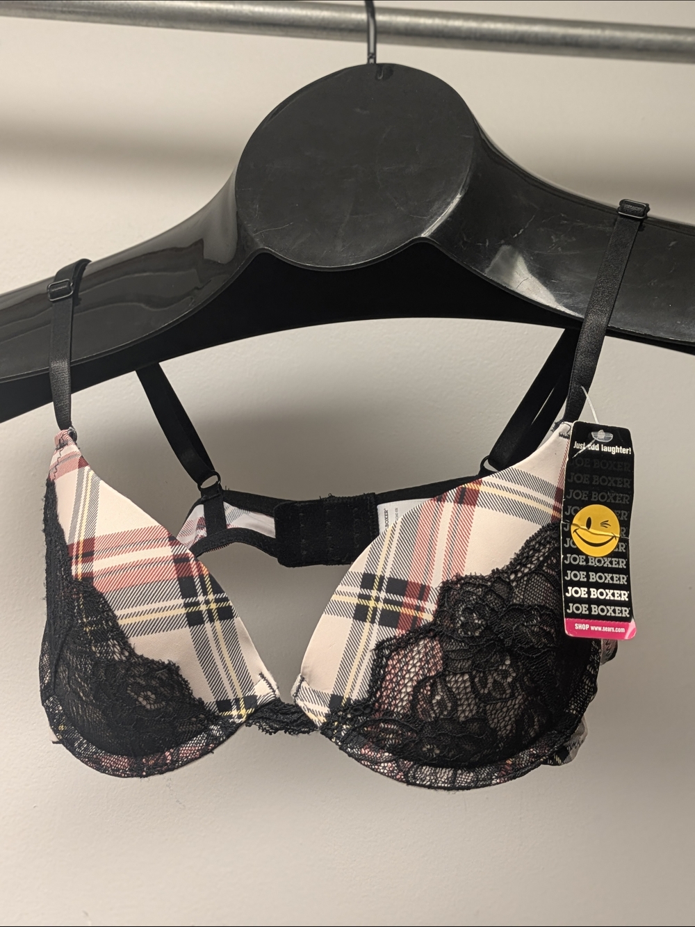 Joe Boxer Cream Plaid Mild Push-Up Bra with Black Lace Trim 34A Or 34B